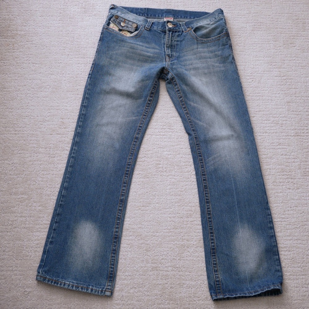True Religion Billy Men Blue Straight Leg Jeans Made in USA Size 36 Heavy Stitch